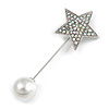 AB Crystal Star, Pearl Bead Lapel, Hat, Suit, Tuxedo, Collar, Scarf, Coat Stick Brooch Pin In Silver Tone Metal - 70mm L