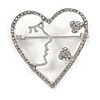 Clear Crystal Open Heart Brooch In Silver Tone - 40mm Tall