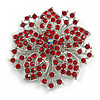 Statement Corsage Red Crystal Flower Brooch In Silver Tone Metal - 55mm Diameter