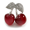 Clear Crystal Red Resin Double Cherry Brooch In Silver Tone - 35mm Tall
