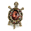 Stunning Plum/ Magenta/ Green Crystal Turtle Brooch In Aged Gold Tone - 75mm Long
