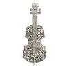 Silver Tone Clear Crystal Violin Musical Instrument Brooch - 45mm Tall