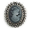 Vintage Inspired Clear Crystal Dark Grey Cameo Brooch In Aged Silver Tone - 45mm Tall