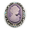 Vintage Inspired AB Crystal Lilac Cameo Brooch In Aged Silver Tone - 40mm Tall