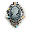 Oval Filigree AB Crystal Grey Cameo Brooch In Aged Silver Tone - 50mm Tall