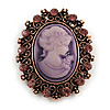 Vintage Inspired Filigree Oval Lilac Cameo Crystal Brooch in Bronze Tone - 40mm Tall