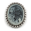 Vintage Inspired Clear Crystal Grey Cameo Brooch In Antique Silver Tone - 55mm L