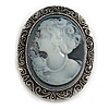 Vintage Inspired Filigree Grey Cameo Brooch In Antique Silver Tone - 45mm L