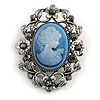 Vintage Inspired Hematite Diamante Blue Cameo Brooch in Aged Silver Tone - 55mm Long