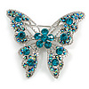 Dazzling Teal Green Coloured Crystal Butterfly Brooch in Silver Tone - 60mm Wide