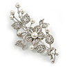 Large Faux Pearl Clear Crystal Floral Brooch In Silver Tone Metal - 85mm Across