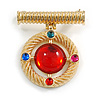 Vintage Inspired Multicoloured Glass Bead Medal Shape Brooch In Gold Tone - 45mm Drop