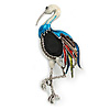 Oversized Multicoloured Enamel Crystal Heron Bird Brooch/ Pendant in Aged Silver Tone - 90mm Tall