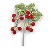 Red Currant Beaded Floral Brooch in Green Enamel - 70mm Tall