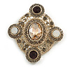Vintage Inspired Oval Crystad Brooch in Gold Tone Metal/ Grey/ Citrine/Milky White/Brown - 50mm Across