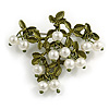 Exquisite Pearl Bead Floral Brooch in Green/ White - 45mm Across