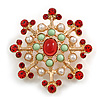 Vintage Inspired Red Crystal, White Faux Pearl, Light Green Acrylic Beads Snowflake Brooch in Gold Tone - 50mm Tall