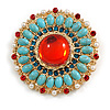 Vintage Inspired Multicoloured Glass/ Pearl/ Turquoise Beads Round Brooch/ Pendant in Gold Tone - 45mm Diameter