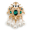 Vintage Inspired Green Crystal with White Faux Teardrop Bead Royal Style Brooch In Gold Tone - 65mm Long