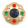 Vintage Inspired Multicoloured Glass Beads and White Faux Pearl Round Brooch in Gold Tone - 40mm Across