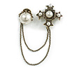 Vintage Inspired Pearl Bead and Cross Chain Brooch In Bronze Tone Metal