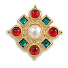 Vintage Inspired Red/ Green Crystal and White Faux Pearl Square Brooch in Gold Tone - 35mm Across