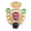 Statement Multicoloured Beaded Royal Crown Brooch in Matte Gold Tone Metal - 55mm Tall