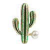 Green Enamel Clear Crystal Cactus Floral Brooch in Gold Tone - 40mm Tall