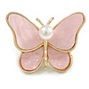 Light Pink Glass Butterfly Brooch/ Pendant in Gold Tone - 40mm Across