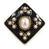 Black Enamel White Faux Pearl Square Brooch/ Pendant in Gold Tone - 35mm Across