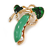 Green Enamel White Pearl Bead Clear Crystal Pea Pod Brooch in Gold Tone - 40mm Tall
