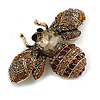 Vintage Inspired Large Statement Crystal Bee Brooch In Aged Gold Tone (Brown/Amber/Citrine Hues) - 60mm Across