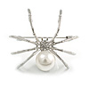 Faux Pearl Crystal Spider Brooch/Pendant in Silver Tone Metal (White/Clear) - 50mm
