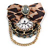 Vintage Inspired Old Hollywood Fabric Bow/ Crystal Clock Chain Brooch/ Hair Clip/ Gold Tone - 90mm Total Length