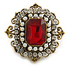 Victorian Style Layered Square Red/Clear Crystal Pearl Brooch in Aged Gold Tone - 45mm Tall