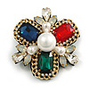 Vintage Inspired Crystal/ Pearl Bead and Chain Cross Brooch/Hair Clip in White/Clear/Red/Green/Blue - 60mm Across