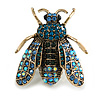 Vintage Inspired Blue/Teal Crystal Fly Brooch in Aged Gold Tone - 45mm Long