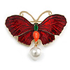 Red Enamel with Pearl Bead Butterfly Brooch in Gold Tone - 50mm Across