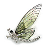 Glittering Green Resin Bead Crystal Butterfly Brooch in Silver Tone - 60mm Tall