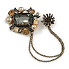 Victorian Style Square Crystal Pearl Double Chain Brooch In Aged Gold Tone Finish/ Grey/Caramel/Citrine