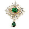 Statement Victorian Style Green/Clear Austrian Crystal Charm Brooch/Pendant in Gold Tone - 55mm Drop