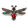 Funky Multicoloured Crystal Fly Insect Brooch in Aged Silver Tone - 50mm Across