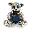 Cute AB/ Dark Blue Crystal Teddy Bear Brooch/ Pendant in Aged Silver Tone - 45mm Tall