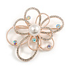 Assymetrical Open Ab/ Clear Crystal Flower Brooch in Rose Gold Tone - 55mm Across