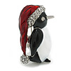 Christmas Black/Red/White Enamel Penguin Brooch in Silver Tone - 40mm Tall
