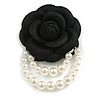 Large Black Layered Felt Fabric Rose Flower with White Faux Pearl Beaded Dangle Brooch/65mm Diameter/10.5cm Total Drop