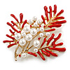 Red Enamel White Faux Pearl Floral Brooch In Gold Tone - 60mm Tall