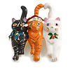Xmas Christmas Black/Orange/White Enamel Cats Kitty Brooch In Gold Tone - 50mm Tall