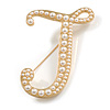 'J' Large Gold Plated White Faux Pearl Letter J Alphabet Initial Brooch Personalised Jewellery Gift - 60mm Tall