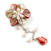 50mm D/Red/Cream Shell and Freshwater Pearls Chain with Charms Asymmetric Flower Brooch/Slight Variation In Colour/Size/Shape/Natural Irregularities